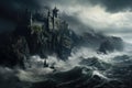 Beautiful castle on a cliff in stormy weather. 3d rendering, A cliff-top castle overlooking a rough sea under stormy skies, AI