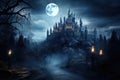 A beautiful castle illuminated by the ethereal glow of a full moon, A mysterious Gothic castle during a full moon night, AI