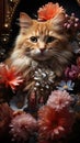 beautiful cat surrounded by glittering golden gems and flowers