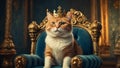 Beautiful cat in a crown a throne funny gold Royalty Free Stock Photo