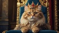 Beautiful cat in a crown a throne funny gold design decoration Royalty Free Stock Photo