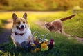 cat and dog walk in a Sunny summer garden next to a festive basket of flowers