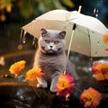 beautiful cat enjoy rain in flowers field generated by AI tool