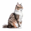 Beautiful white, brown fluffy cat with sitting and looking on side. Cute kitten isolated on white Royalty Free Stock Photo