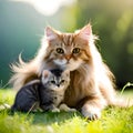 Beautiful cat with her kitten - ai generated image