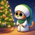 a beautiful cat near the Christmas tree is dressed in an oriental robe and headdress Royalty Free Stock Photo