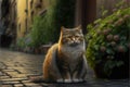 A beautiful cat is sitting on the paving, AI generated