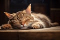 A beautiful cat sleeping on a wooden table in a dark room. Ai generated Royalty Free Stock Photo