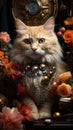 beautiful cat surrounded by glittering golden gems and flowers