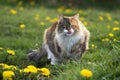 Beautiful cat with three color coat in a field of dandelion spring flowers. Royalty Free Stock Photo