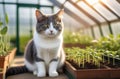 beautiful cat watches fresh young seedlings in the greenhouse