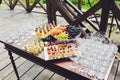 Beautiful catering banquet buffet table decorated in rustic style in the garden. Different snacks, sandwiches and Royalty Free Stock Photo