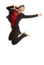 Beautiful caucasian business female jumping for with joy on cel