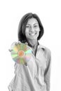 Beautiful caucasian casual smiling woman holding up compact disc Royalty Free Stock Photo