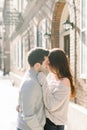 A happy young couple having a romantic moment in an urban setting in West Village in NYC Royalty Free Stock Photo