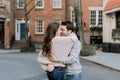 A happy young couple having a romantic moment in an urban setting in West Village in NYC Royalty Free Stock Photo