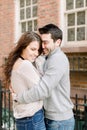 A happy young couple having a romantic moment in an urban setting in West Village in NYC Royalty Free Stock Photo