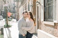 A happy young couple having a romantic moment in an urban setting in West Village in NYC Royalty Free Stock Photo