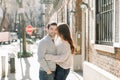 A happy young couple having a romantic moment in an urban setting in West Village in NYC Royalty Free Stock Photo