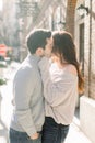 A happy young couple having a romantic moment in an urban setting in West Village in NYC Royalty Free Stock Photo