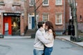 A happy young couple having a romantic moment in an urban setting in West Village in NYC Royalty Free Stock Photo