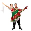 Beautiful caucasian cuple dancing in Russian folk costumes isolated on white Royalty Free Stock Photo