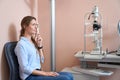 Beautiful Caucasian female is covering one eye in the ophthalmology office Royalty Free Stock Photo