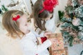 Beautiful Caucasian little girls wearing festive outfits while opening gift boxes from Santa Claus found under the Christmas tree Royalty Free Stock Photo
