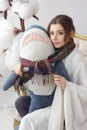 Beautiful caucasian teen girl with shark toy portrait