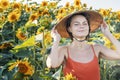 Beautiful Caucasian woman in sunflowers, portrait of a woman wearing a Vietnamese hat walking through a blooming field Royalty Free Stock Photo