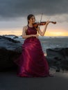 Beautiful Caucasian woman with violin on the beach. Music and art concept. Slim girl wearing long red dress, sitting on the rock Royalty Free Stock Photo