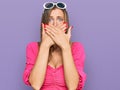 Beautiful caucasian woman wearing sunglasses and summer style shocked covering mouth with hands for mistake Royalty Free Stock Photo