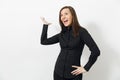 Beautiful caucasian young brown-hair business woman isolated on white background. Manager or worker. Copy space advertisement Royalty Free Stock Photo