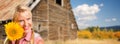 Beautiful Caucasian Young Woman Holding Sunflower In Front of Rustic Barn In The Country