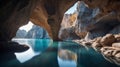 beautiful cave with rock formations and a blue lake. Royalty Free Stock Photo