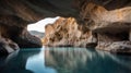 beautiful cave with rock formations and a blue lake. Royalty Free Stock Photo
