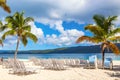 Beautiful Cayo Levantado island beach with palms. Samana, Dominican Republic. Vacation travel background Royalty Free Stock Photo