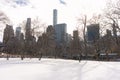 Beautiful Central Park Winter Landscape with Snow and the Midtown Manhattan Skyline in New York City Royalty Free Stock Photo
