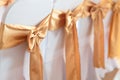 Beautiful chairs decoration with ribbon in wedding event hall,se Royalty Free Stock Photo