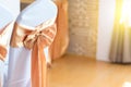 Beautiful chairs decoration with ribbon in wedding event Royalty Free Stock Photo