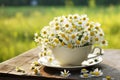 Beautiful chamomile flowers in cup on wooden table outdoors, Chamomile Flowers In Teacup On Wooden Table In Garden, AI Generated Royalty Free Stock Photo