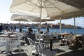 Beautiful Chania harbor, Crete, Greece Small shaded bar by the harbor on a summer day