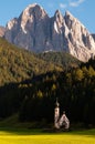 The beautiful chapel of Saint Johann infront of the Geisler peaks Royalty Free Stock Photo