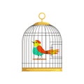 Beautiful character of colorful bird in cage. Wonderful feathered creature in hanging cell. Cartoon flat vector design
