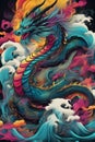 A beautiful and charming dragon in the colorful waves and smokes, fantasy art, artwork, magical animal, fairy tale