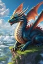 A beautiful and charming dragon, the mythical animal, sitting on a top of hill, with beautiful sky and fluffy clouds, anime art