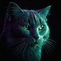 Beautiful Chartreux Face Shape In Green Purple Fire On Black Background Dazzling And Radiant. Generative AI