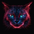 Beautiful Chartreux Face Shape In Red Purple Fire On Black Background. Generative AI