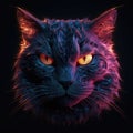 Beautiful Chartreux Face Shape In Red Purple Fire On Black Background. Generative AI