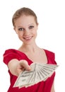 Beautiful cheerful girl holds money Royalty Free Stock Photo